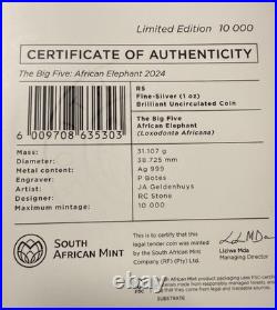 2024 BIG FIVE SERIES lll SOUTH AFRICA Elephant 1OZ SILVER COIN SET BU with COA