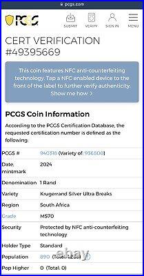 2024- South Africa Silver Krugerrand- PCGS- MS70- Ultra Breaks- Pop 890