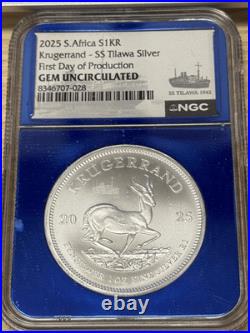 2025 1 oz Silver South Africa Krugerrand NGC Gem Unc SS Tilawa