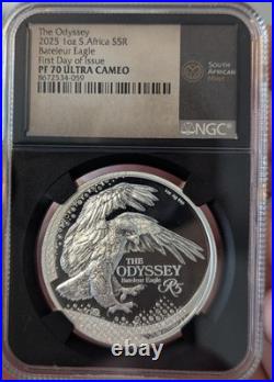 2025 1 oz Silver South Africa Odyssey Bateleur Eagle PF 70 ULTRA CAMEO S5R FDOI