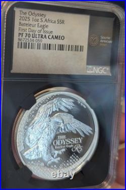2025 1 oz Silver South Africa Odyssey Bateleur Eagle PF 70 ULTRA CAMEO S5R FDOI