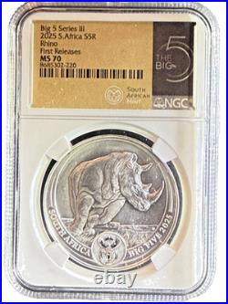 2025 South Africa 1 oz Silver Big 5 III Rhino BU NGC MS70