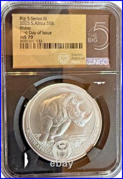 2025 South Africa 1 oz Silver Big 5 III Rhino BU NGC MS70