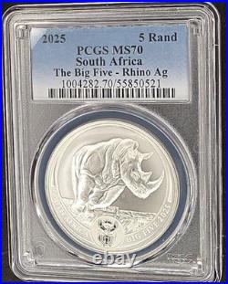 2025 South Africa Big Five Rhino 5 Rand 1 oz Silver PCGS MS70.999 Fine