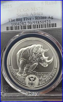 2025 South Africa Big Five Rhino 5 Rand 1 oz Silver PCGS MS70.999 Fine 2025 South Africa Big Five Rhino 5 Rand 1 oz Silver PCGS MS70.999 Fine