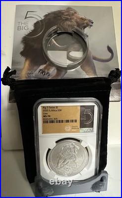 2025-THE BIG FIVE LION SERIES 3- 1oz SILVER SOUTH AFRICA 5 RAND NGC MS70 COA OGP