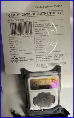 2025-THE BIG FIVE LION SERIES 3- 1oz SILVER SOUTH AFRICA 5 RAND NGC MS70 COA OGP