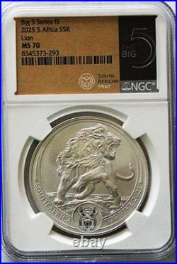 2025 THE BIG FIVE LION SERIES III1oz SILVER SOUTH AFRICA 5 RAND NGC MS70 COA OGP