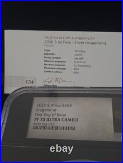 2026 South Africa 5 Oz Silver Krugerrand FDOI NGC PF70 Ultra Cameo RARE BEAUTY
