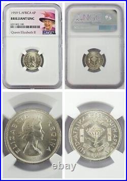 (2x) SOUTH AFRICA. 1959, 6 Pence, Silver NGC Qeen Elizabeth II Flawless