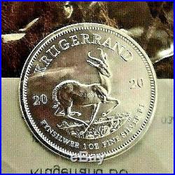 5- B. U. 2020 South African 1.00 Troy oz. 999 Silver Krugerrand Sealed In Plastic