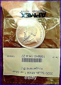 5- B. U. 2020 South African 1.00 Troy oz. 999 Silver Krugerrand Sealed In Plastic