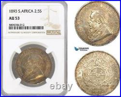 AF411, South Africa (ZAR) 2 1/2 Shillings 1893, Pretoria, Silver, NGC AU53