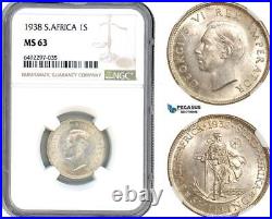 AH795, South Africa, George VI, 1 Shilling 1938, Pretoria Mint, Silver, NGC MS63