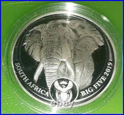 Big 5 PROOF South Africa 2019 African Elephant 5 Rand 1 oz Silver Coin & case