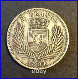 Congo Belge -Etat Indépendant du Congo Léopold II 2 Francs 1894 en argent
