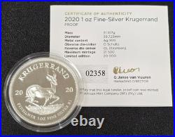 Consecutive SNs 2020 South Africa 1oz Silver Proof Krugerrands with OGP & COA