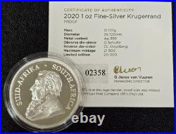 Consecutive SNs 2020 South Africa 1oz Silver Proof Krugerrands with OGP & COA