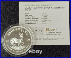 Consecutive SNs 2020 South Africa 1oz Silver Proof Krugerrands with OGP & COA