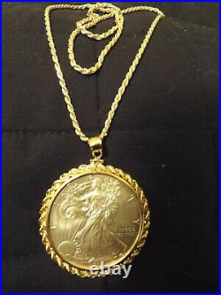 Gold Gilded $1 Silver Eagle Coin 14K Pendant Necklace, 22''14K rope chain