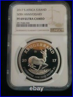 KRUGERRAND 2017 S. AFRICA 50th ANNIV PROOF S1RAND SILVER COIN NGC PF69 UC