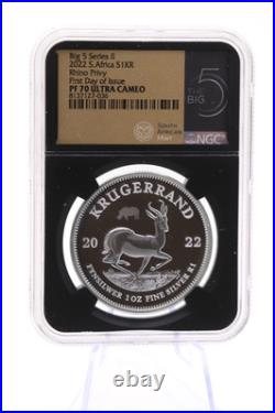 Krugerrand 1-oz Silver Big 5 Rhino Privy PF-70 First Day of Issue 2022 ULTRA CAM
