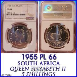 Large Crown 1955 Silver 5 Shillings Pl66 Ngc South Africa 5s Prooflike