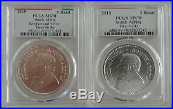 Lot of 2 2018+2019 South Africa 1 oz Silver Krugerrand MS-70 PCGS (FS)