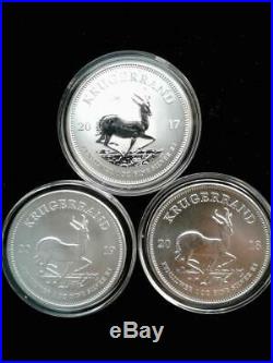Lot of 3 1 oz. 999 South African Silver Krugerrand Coin, 2017 PU, 2018-2019 BU