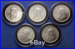 Lot of 5 South Africa Kruggerrands 1oz Silver in capsules. Total of 5 ounces