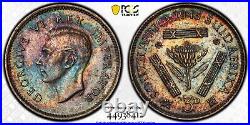 MS62 1943 South Africa Silver 3 Pence, PCGS Secure- Rainbow Toned