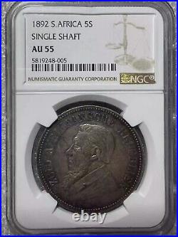 NGC AU55 South Africa 1892 Silver Coin 5 Shillings Single Shaft