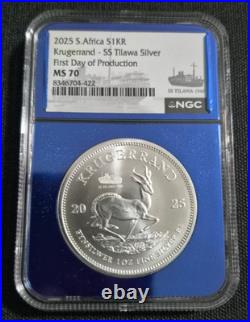 NGC MS 70 2025 S. Africa Krugerrand 1 oz. 999 Silver SS Tilawa Privy First Day