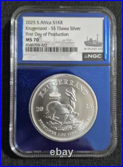 NGC MS 70 2025 S. Africa Krugerrand 1 oz. 999 Silver SS Tilawa Privy First Day