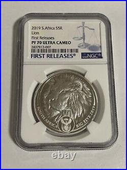 NGC PF70 2019 1 OZ SOUTH AFRICA BIG FIVE Lion. 999 SILVER PROOF COIN First Blue