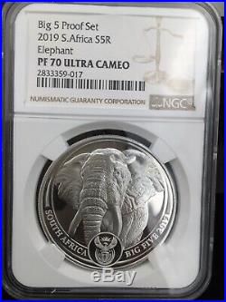 Ngc Pf70 2019 1 Oz South Africa Big Five Elephant. 999 Silver Proof 2 Coin Set