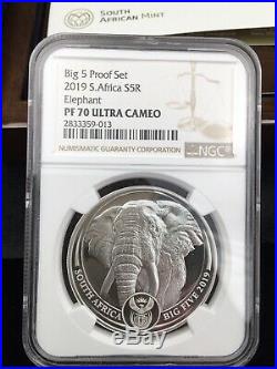 Ngc Pf70 2019 1 Oz South Africa Big Five Elephant. 999 Silver Proof 2 Coin Set