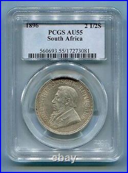 PCGS Graded AU 55 1896 2 1/2 Shillings Kruger Half Crown Coin South Africa ZAR