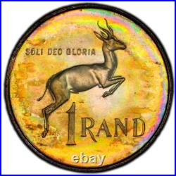 PR64 1967 South Africa Silver 1 Rand Proof, PCGS Trueview- Rainbow Toned