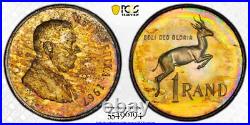 PR64 1967 South Africa Silver 1 Rand Proof, PCGS Trueview- Rainbow Toned