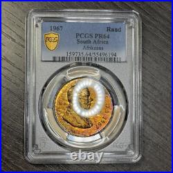 PR64 1967 South Africa Silver 1 Rand Proof, PCGS Trueview- Rainbow Toned