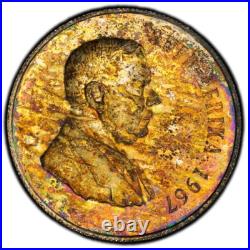 PR64 1967 South Africa Silver 1 Rand Proof, PCGS Trueview- Rainbow Toned