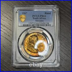 PR64 1967 South Africa Silver 1 Rand Proof, PCGS Trueview- Rainbow Toned