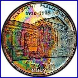 PR66CAM 1985 South Africa Silver Proof Rand, PCGS Trueview- VIVID Rainbow Toned