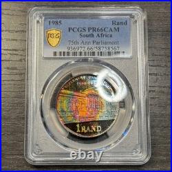 PR66CAM 1985 South Africa Silver Proof Rand, PCGS Trueview- VIVID Rainbow Toned