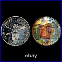 PR66CAM 1985 South Africa Silver Proof Rand, PCGS Trueview- VIVID Rainbow Toned