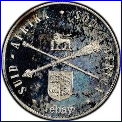 PR66CAM 1985 South Africa Silver Proof Rand, PCGS Trueview- VIVID Rainbow Toned