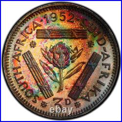 PR66 1952 South Africa Silver 3 Pence, PCGS Secure- Rainbow Toned Proof