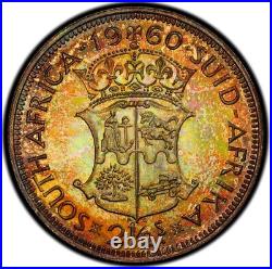 PR66 1960 South Africa Silver 2 1/2 Shillings Proof, PCGS- Pretty Rainbow Toned
