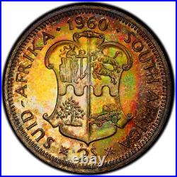 PR66 1960 South Africa Silver 2 Shillings Proof, PCGS- Pretty Rainbow Toned